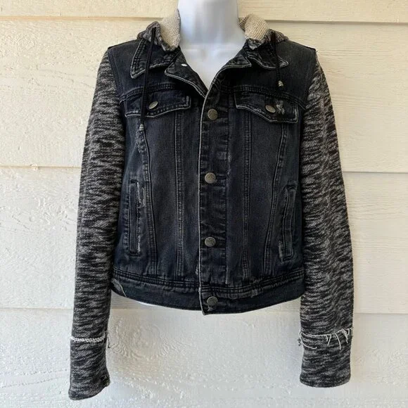 Free People Sz S/P Denim Jacket Hooded Black Button Front Manufactured Distress - Picture 1 of 14